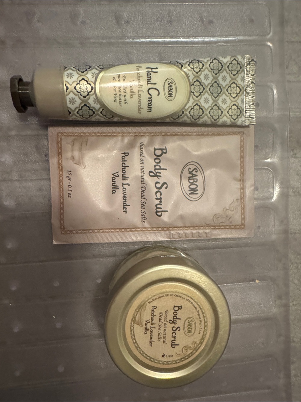 Sabon patchouli lavender vanilla body scrub and hand cream set - brand new